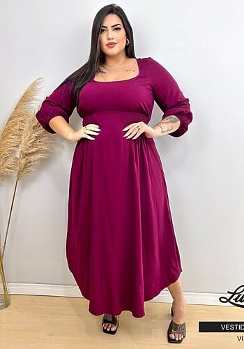 Vestido Longo Plus Size Manga 3/4 Ref 206635 Vinho  - 56