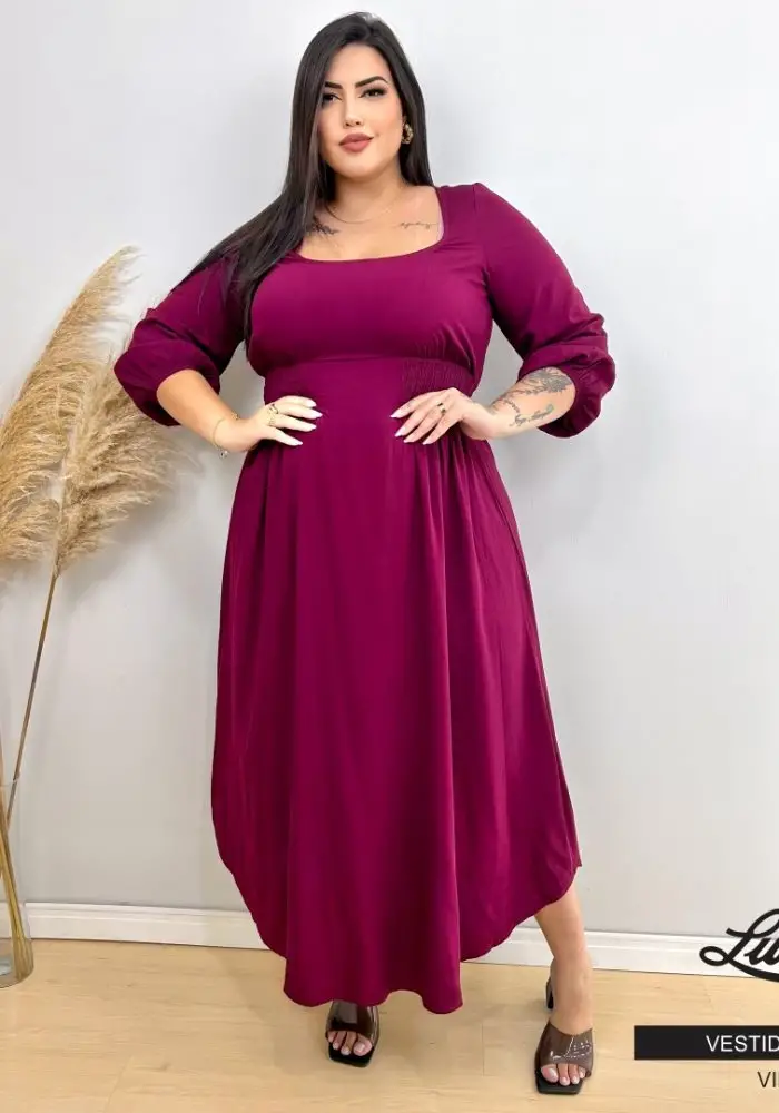 Vestido Longo Plus Size Manga 3/4 Ref 206635 Vinho  - 54