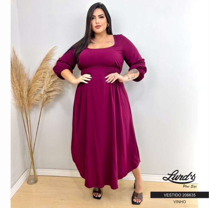 Vestido Longo Plus Size Manga 3/4 Ref 206635 Vinho  - 52