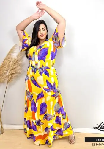 Vestido Longo Plus Size Manga Curta Ref 6619 Estampa Amarela