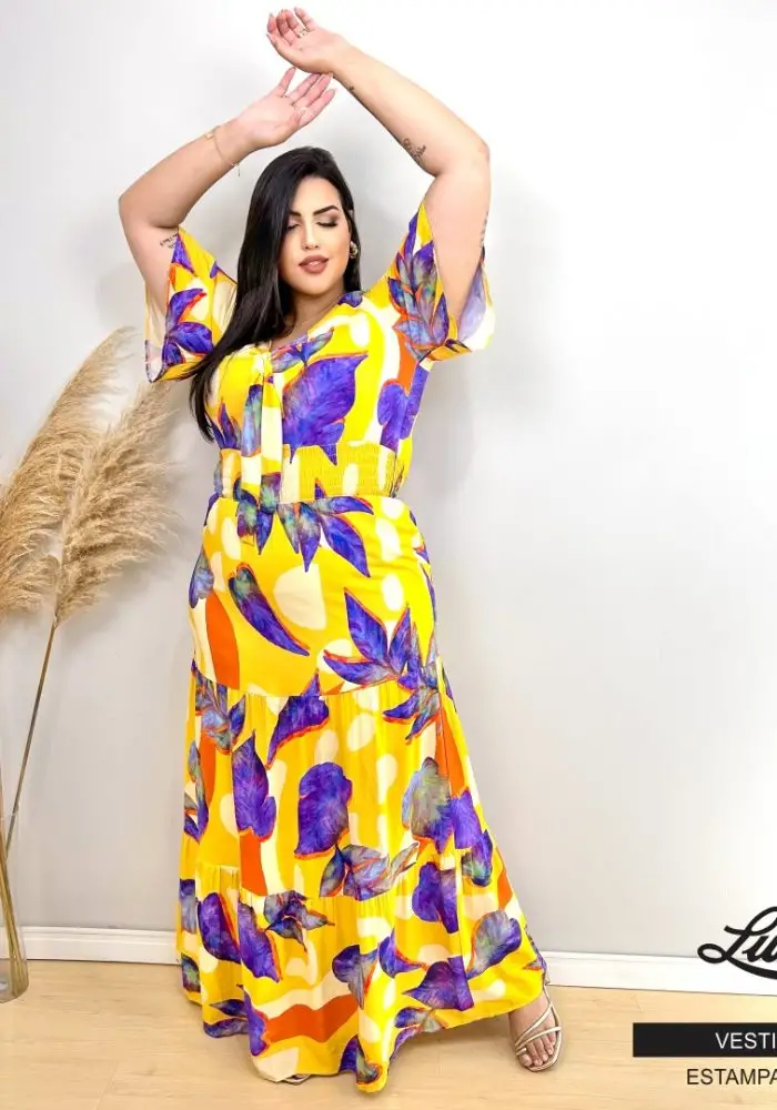 Vestido Longo Plus Size Manga Curta Ref 6619 Estampa Amarela - 52