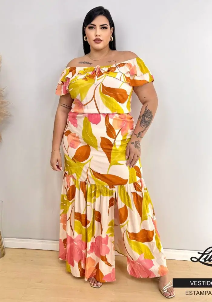 Vestido Longo Plus Size Manga Curta Marrie Ref VLM-126 Estampa Off White