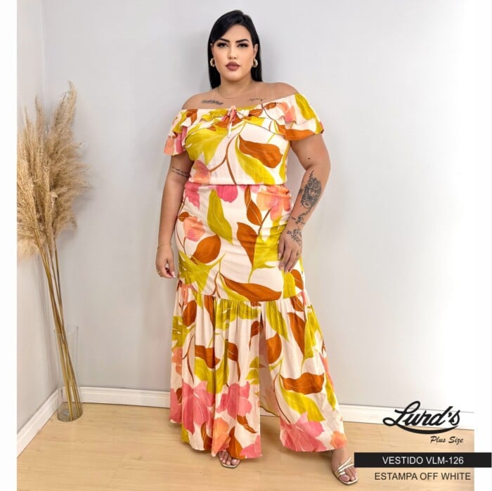 Vestido Longo Plus Size Manga Curta Marrie Ref VLM-126 Estampa Off White - 52