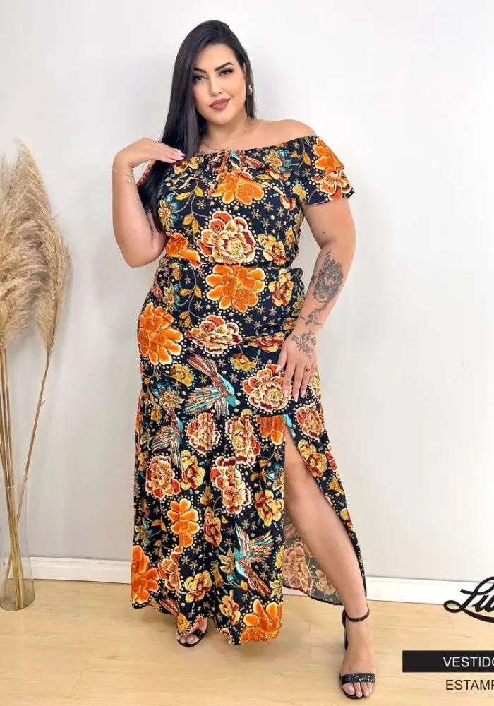 Vestido Longo Plus Size Maga Curta Ref VLM-126 Estampa Preto - 52