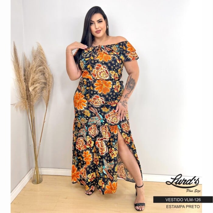 Vestido Longo Plus Size Maga Curta Ref VLM-126 Estampa Preto - 48