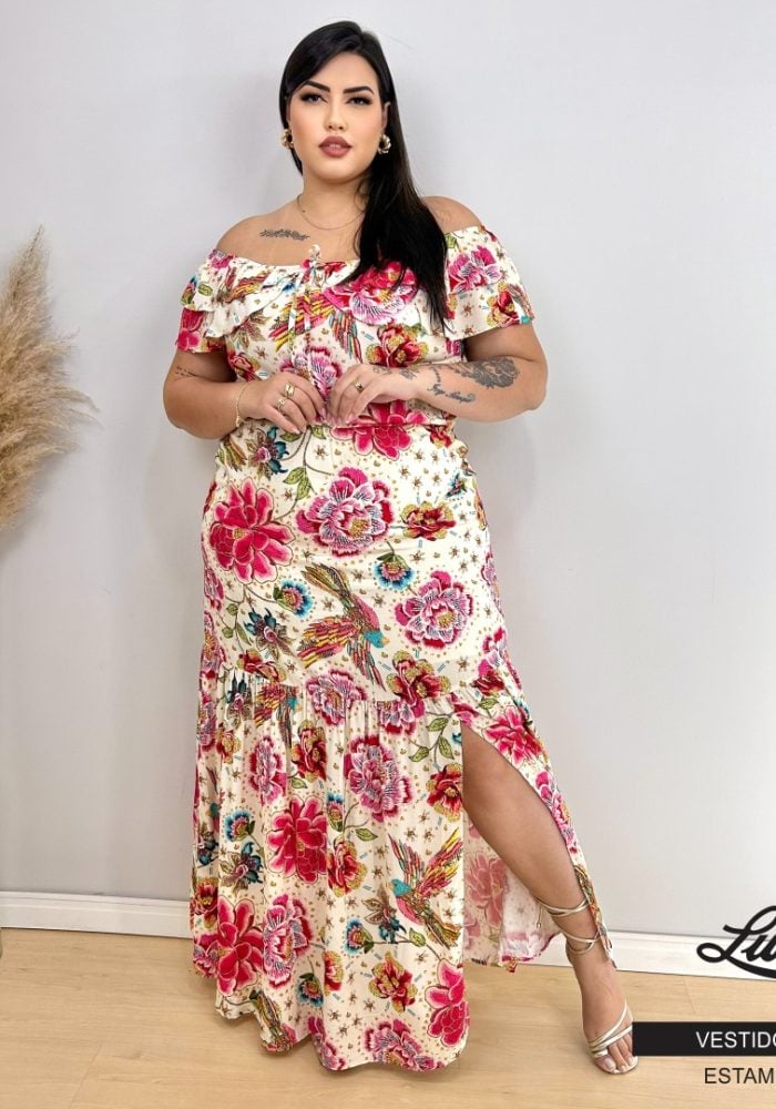Vestido Longo Plus Size Manga Curta Ref VLM-126 Estampa Areia