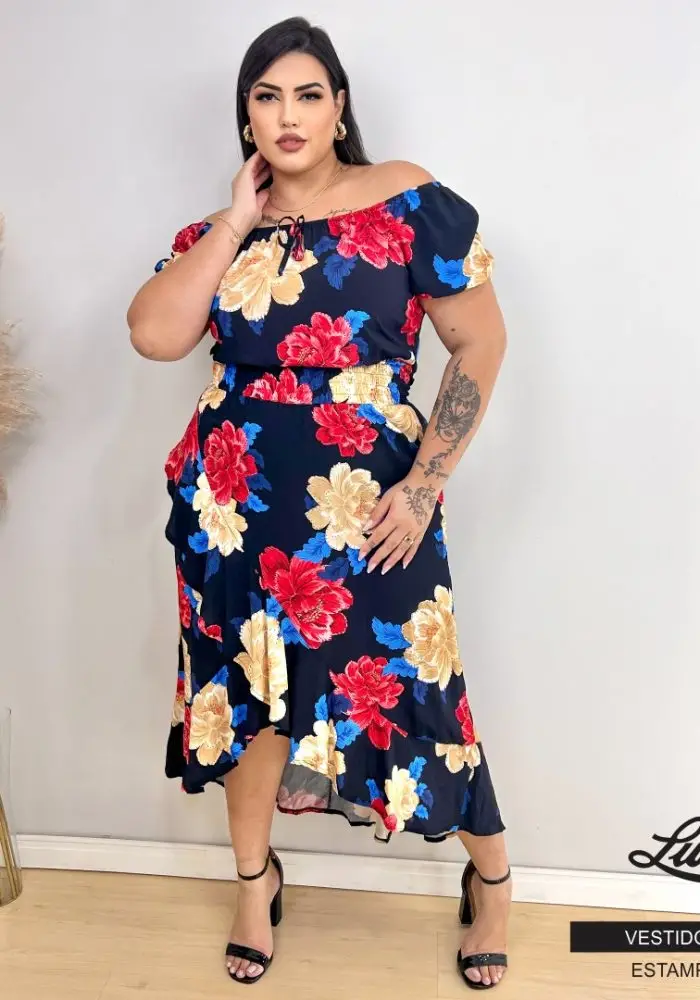 Vestido Mid Plus Size Manga Curta Ref VMM-120 Estampa Preto Marrie