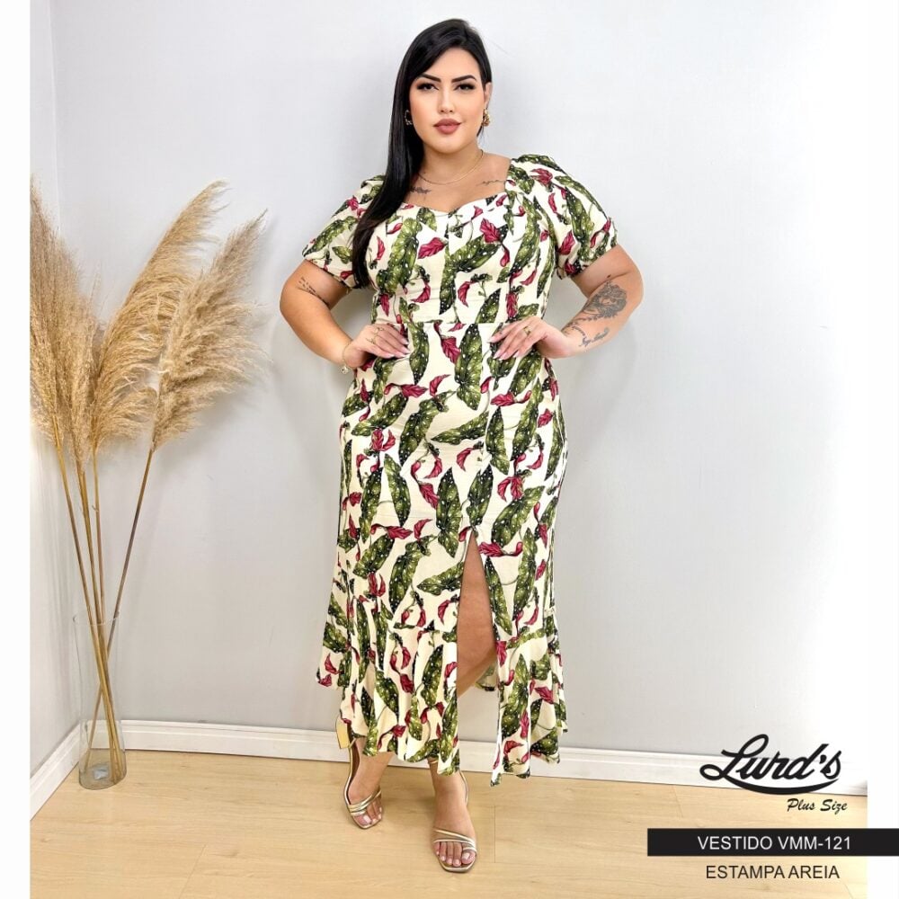 Vestido Mid Plus Size Manga Curta Estampa Areia