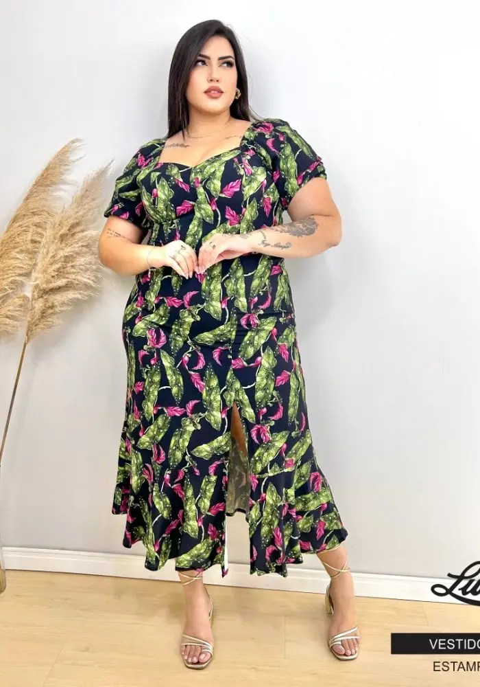 Vestido Mid Plus Size Manga Curta Ref VMM-121 Estampa Preta Marrie