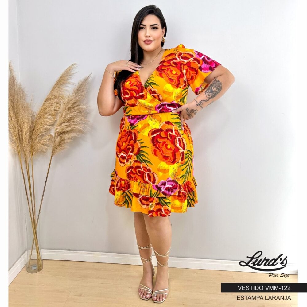 Vestido Plus Size Manga Curta Ref VMM-122 Estampa Laranja - 46