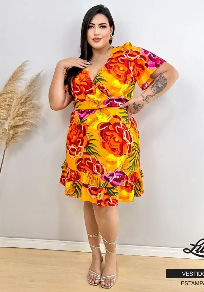Vestido Plus Size Manga Curta Ref VMM-122 Estampa Laranja