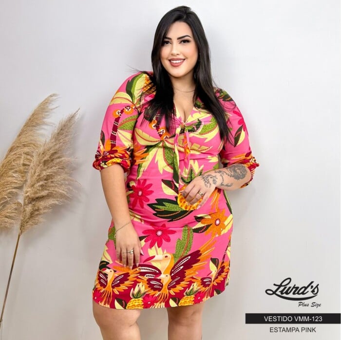 Vestido Plus Size Manga Curta VMM-123 Estampa Pink - 54