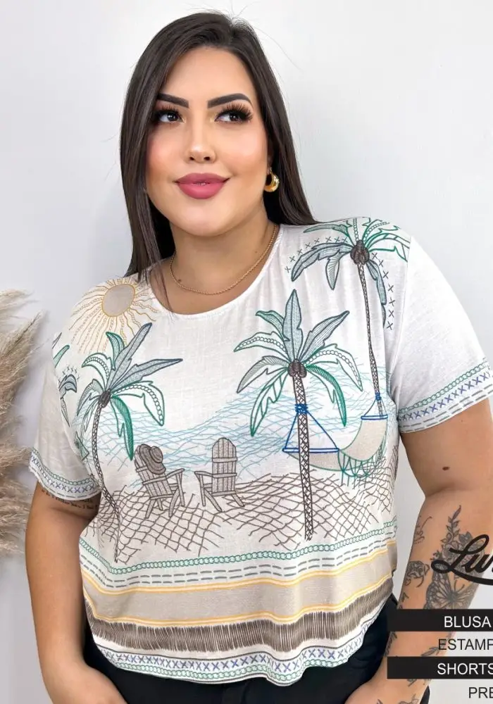 Blusa Feminina Plus Size Ref 113655 Estampa Bege  - 48