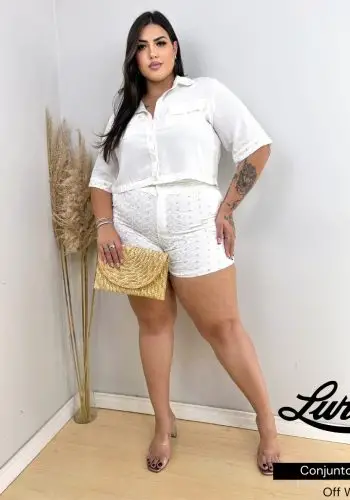 Conjunto Plus Size Shorts + Cropped Ref 11631 Off White