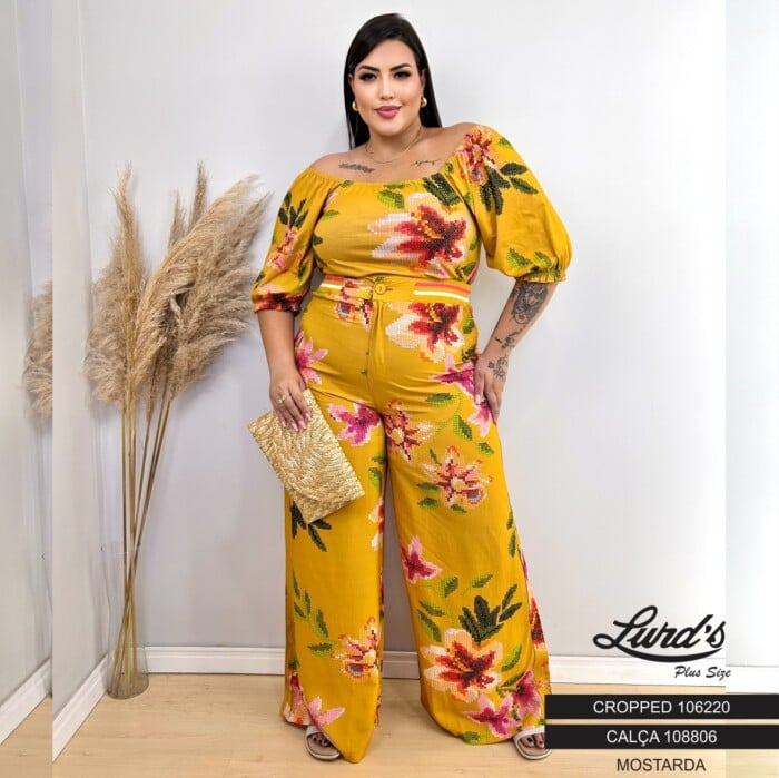 Cropped Feminino Plus Size Manga Curta Ref 106220 Mostarda - 56