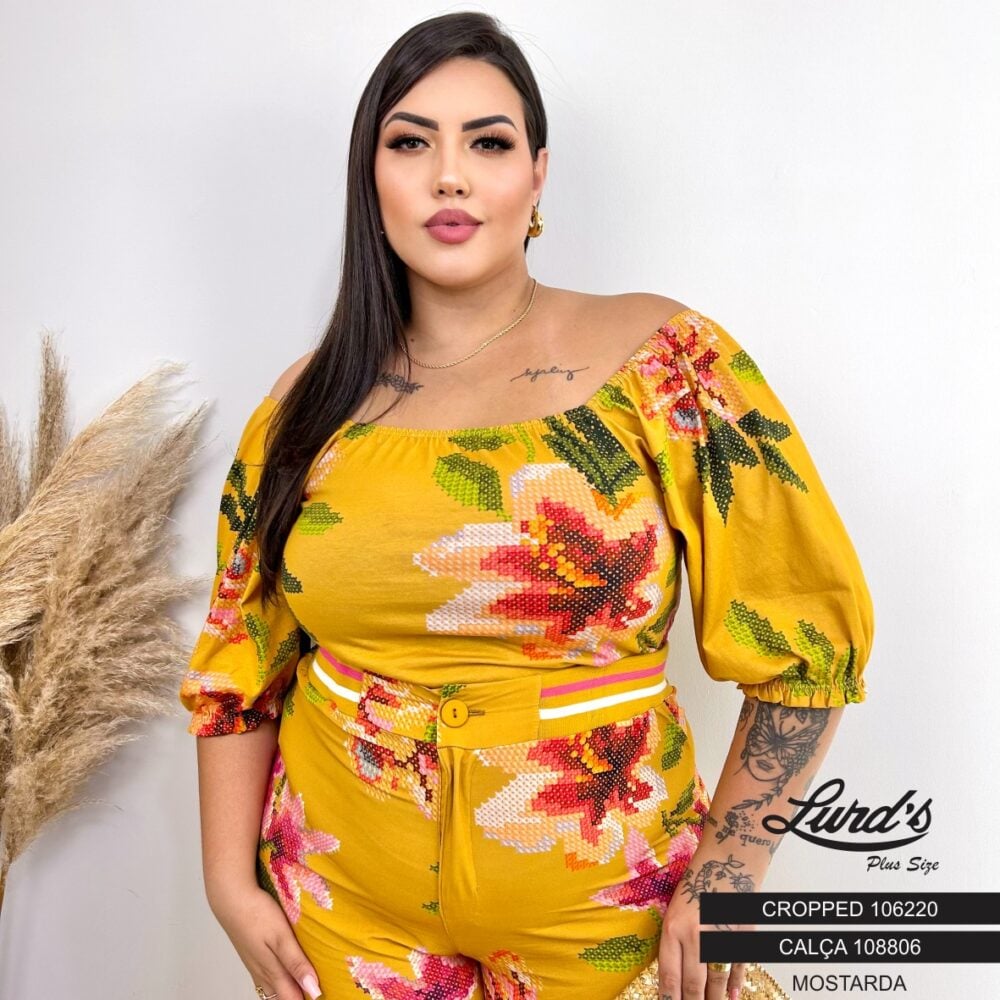 Alternative view of Cropped Feminino Plus Size Manga Curta Ref 106220 Mostarda