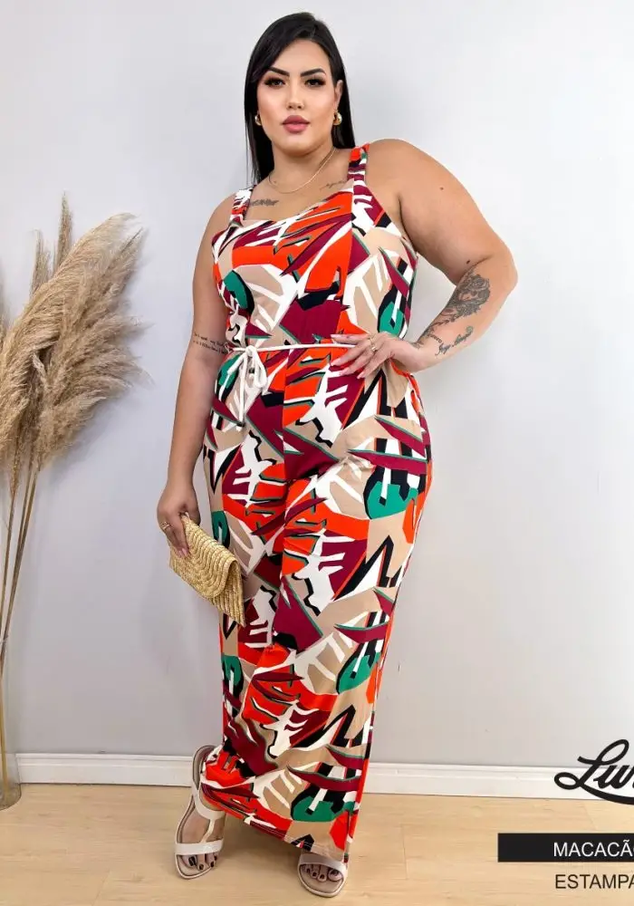 Macacão Longo Plus Size Ref 102154 Estampa Bordo - 54