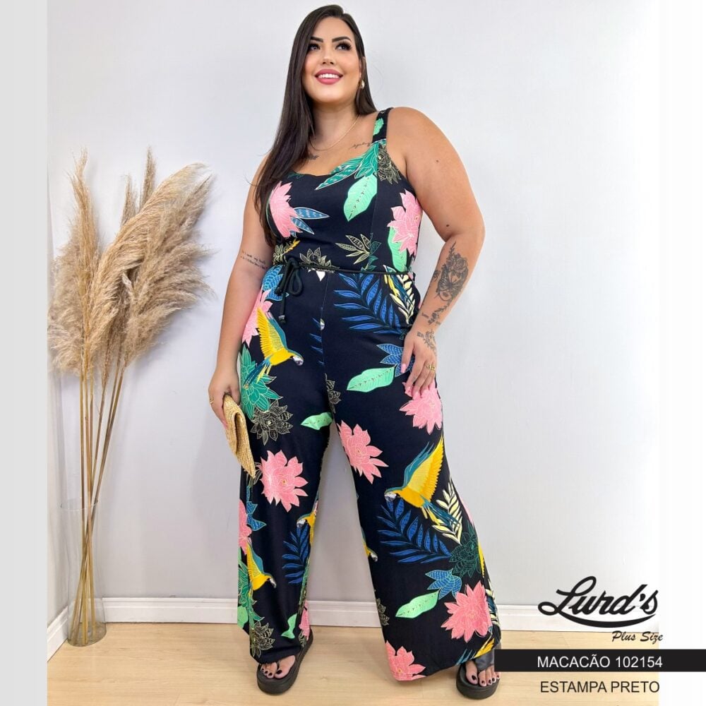 Macacão Longo Plus Size Ref 102154 Estampa Preto - 56