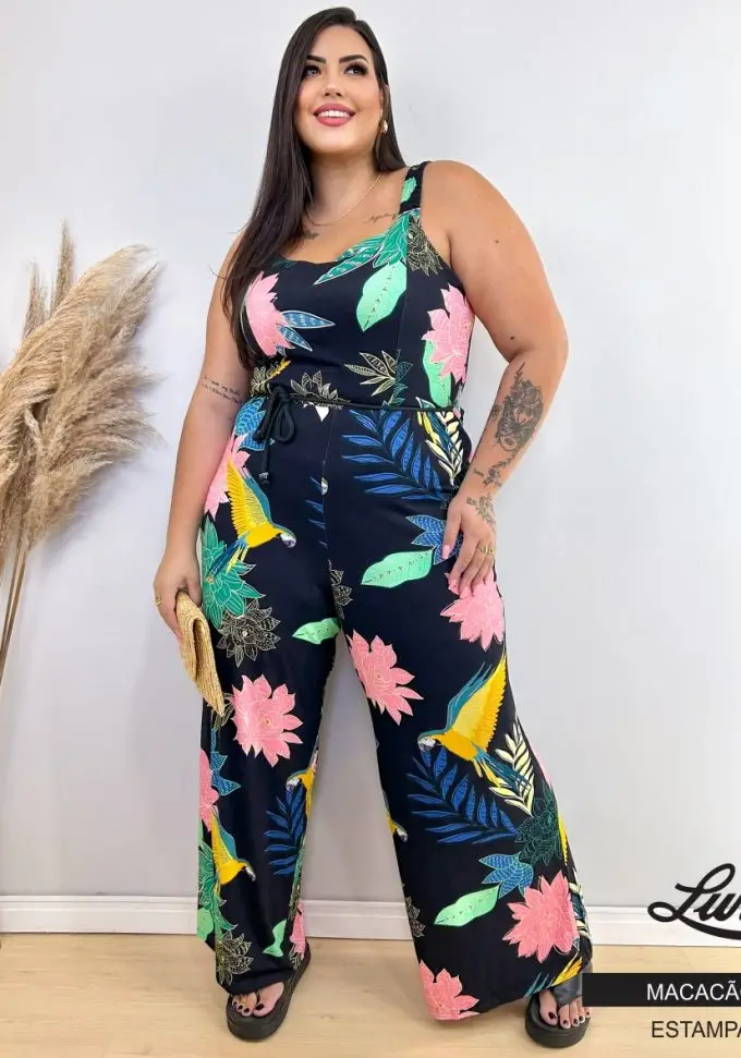 Macacão Longo Plus Size Ref 102154 Estampa Preto  - 54