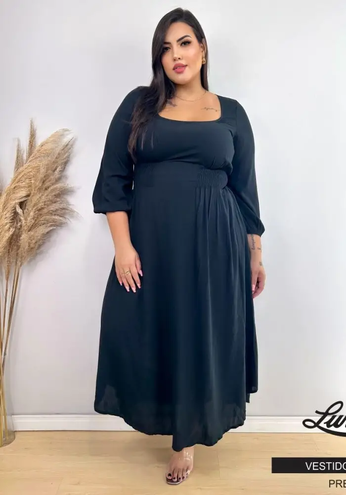 Vestido Longo Plus Size Manga 3/4 Ref 206635 Preto