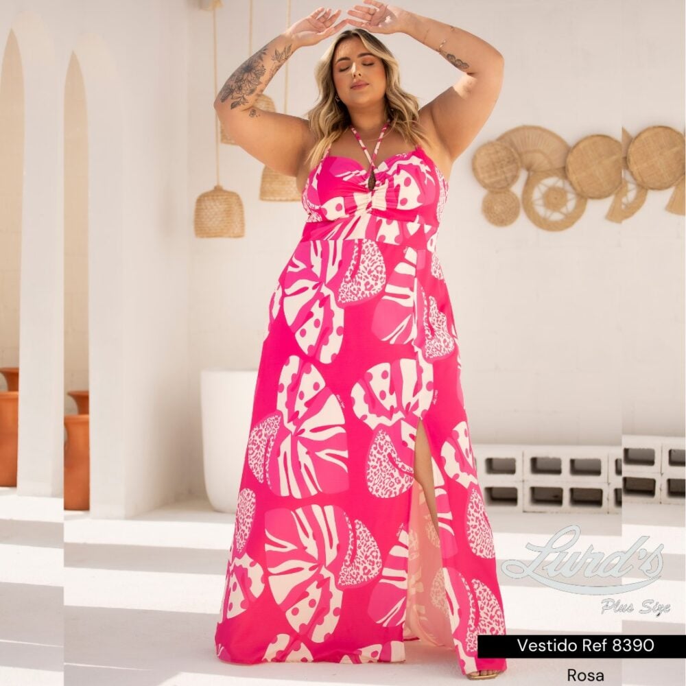 Vestido Longo Plus Size Sem Manga Ref 8390 Rosa - 48