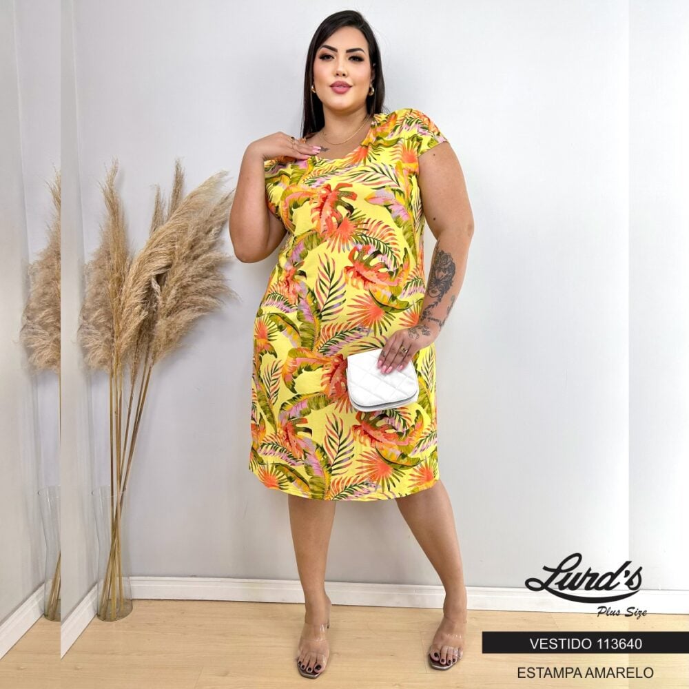 Vestido Plus Size Manga Curta Ref 113640 Amarelo - 56