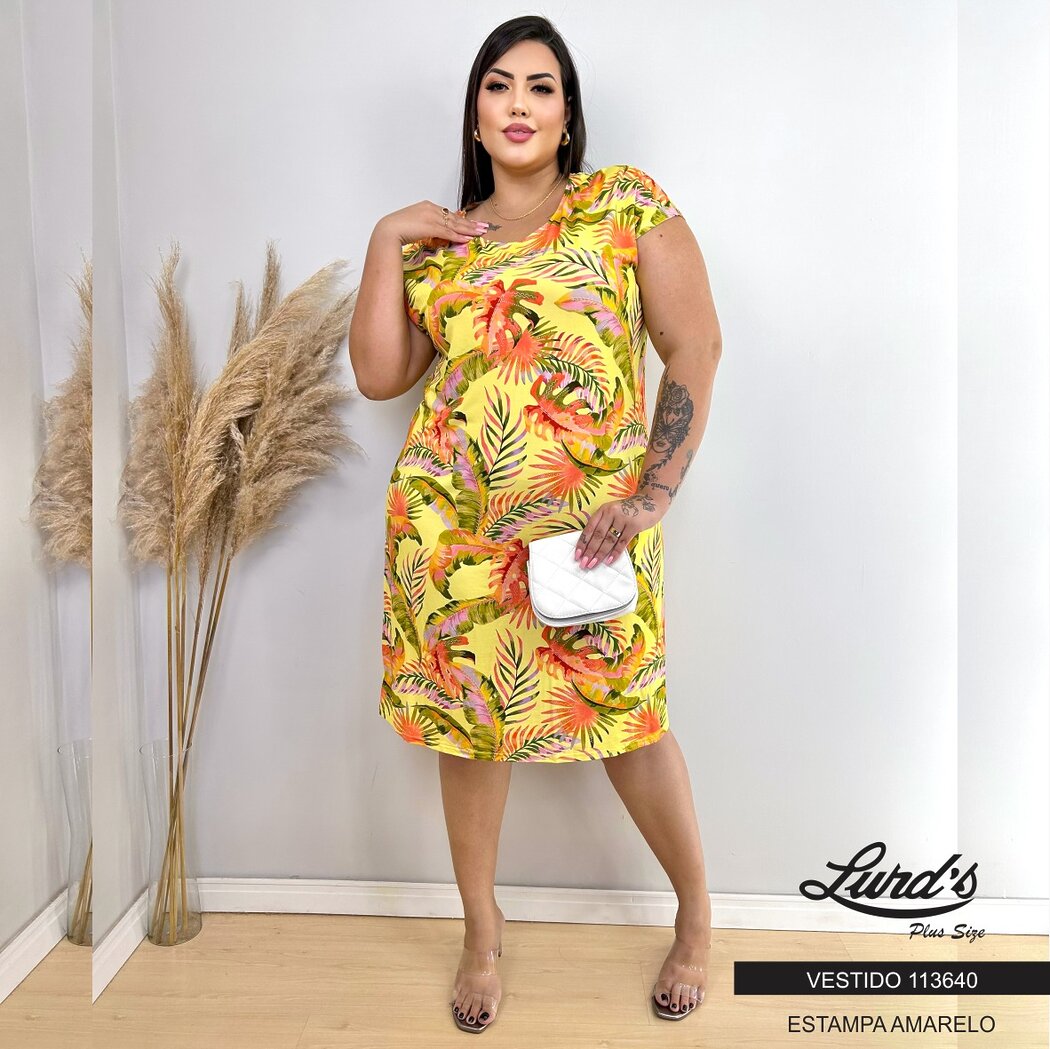 Vestido Plus Size Manga Curta Ref 113640 Amarelo - 50