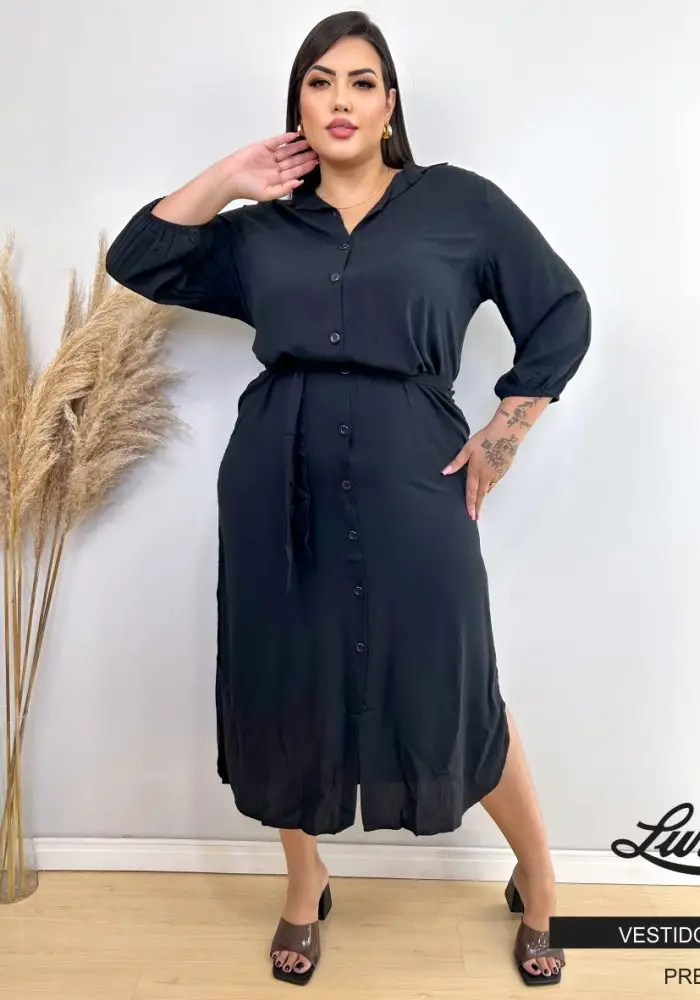 Vestido Plus Size Manga Curta Ref 206681 Preto