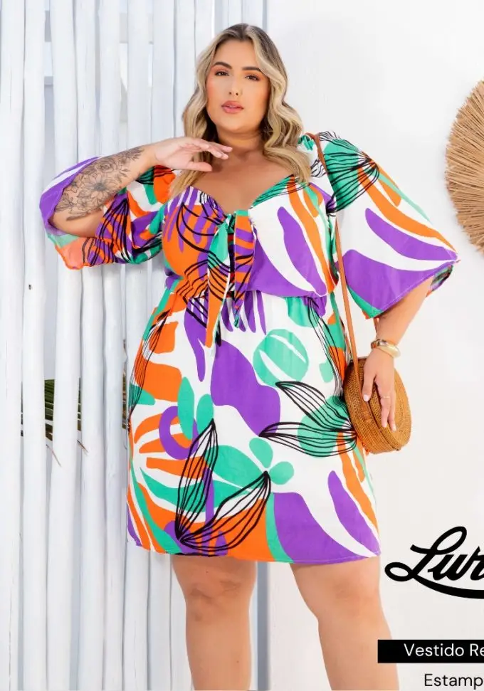 Vestido Plus Size Manga Curta Ref 900607 Estampa Verde  - 50