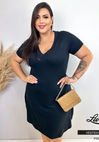 Vestido Plus Size Manga Curta Ref VMM-003 Preto - 48