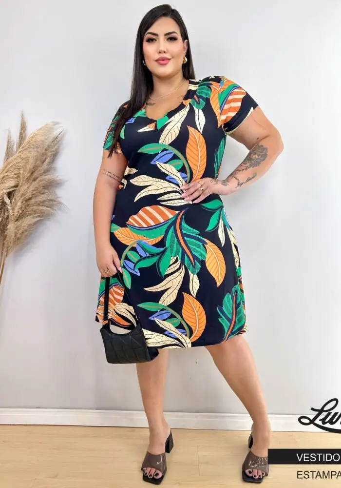 Vestido Feminino Plus Size Ref VMM-003 Preto Folhas - 54
