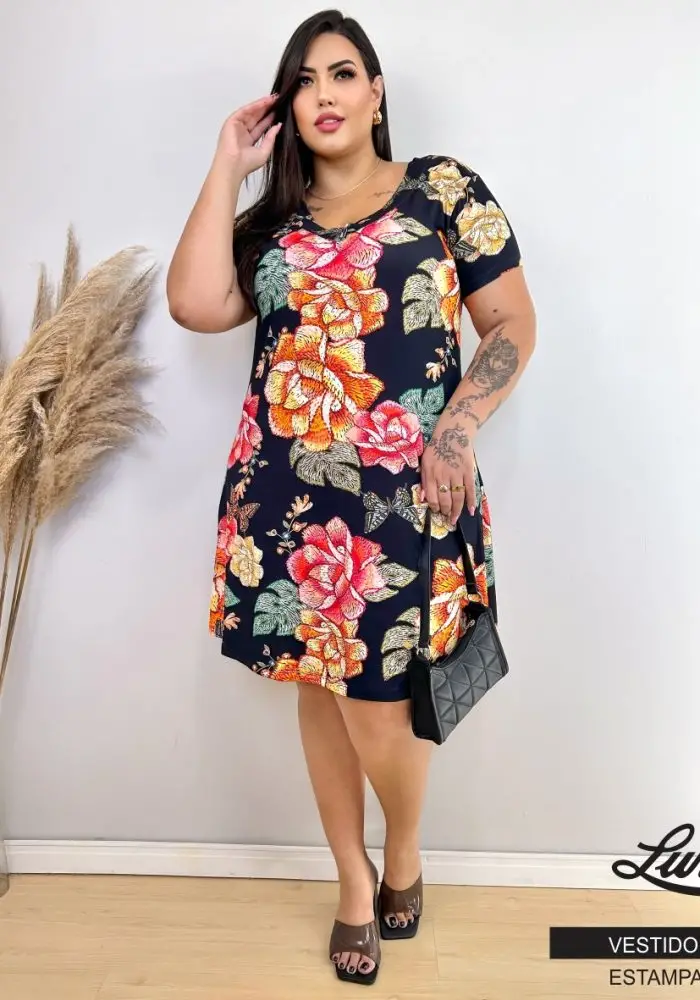 Vestido Feminino Plus Size Ref VMM-003 Preto Flores - 60