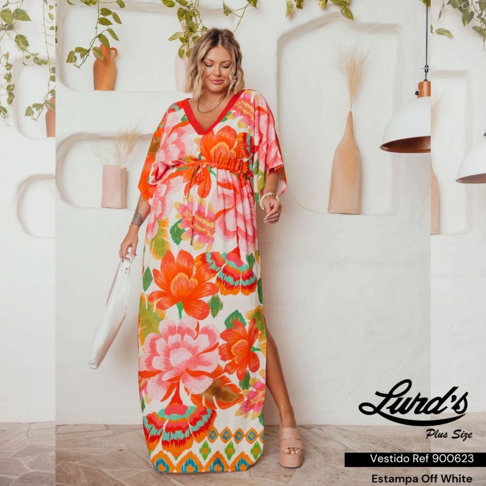 Vestido Longo Plus Size Ref 900623 Estampa Off White - 46