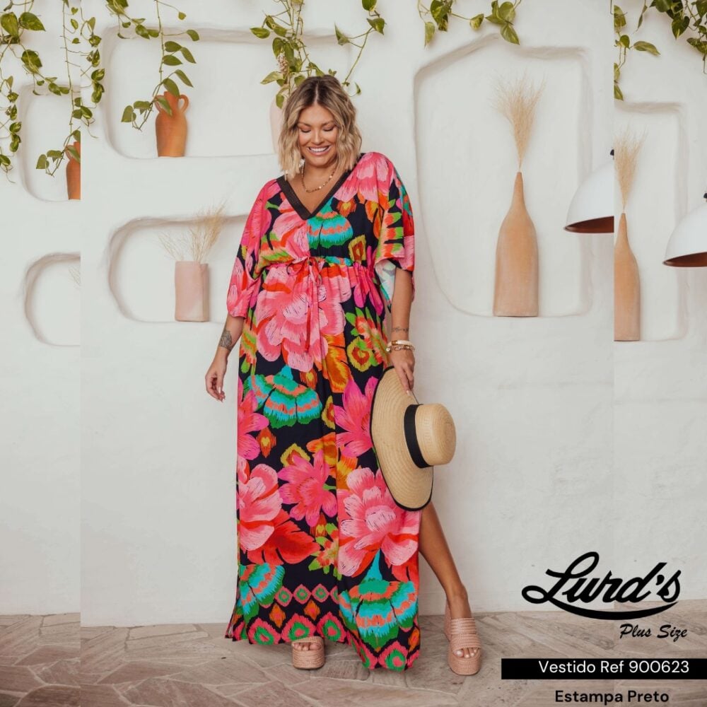 Vestido Longo Plus Size Ref 900623 Estampa Preto  - 48