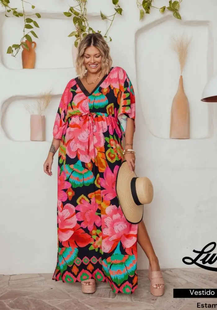 Vestido Longo Plus Size Ref 900623 Estampa Preto 