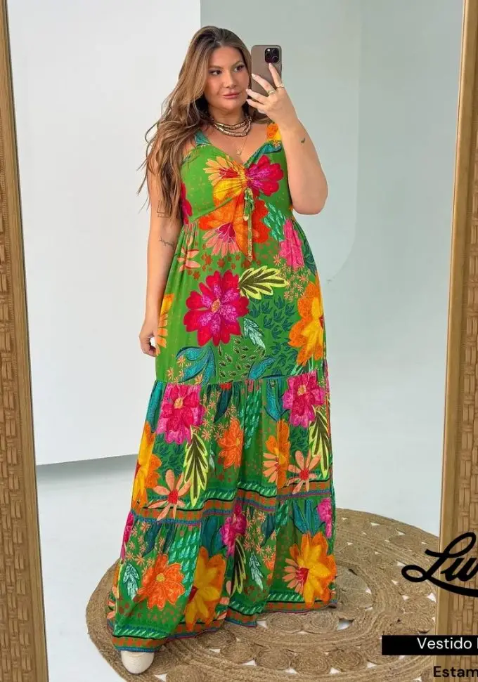 Vestido Longo Plus Size Ref FLORIPA Estampa Verde - 46