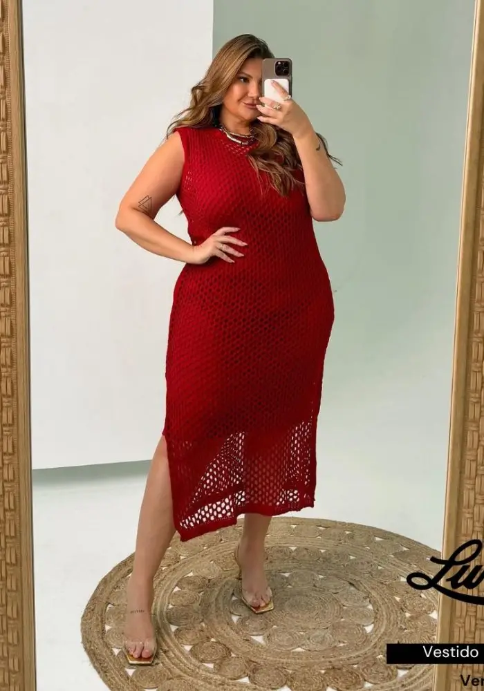 Vestido Mid Plus Size Ref 526090 Vermelho - 46
