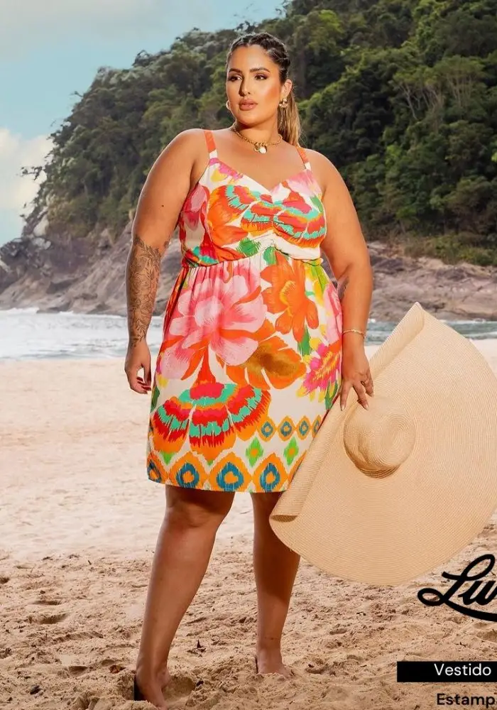 Vestido Sem Manga Plus Size Ref 900626 Estampa Off White  - 48