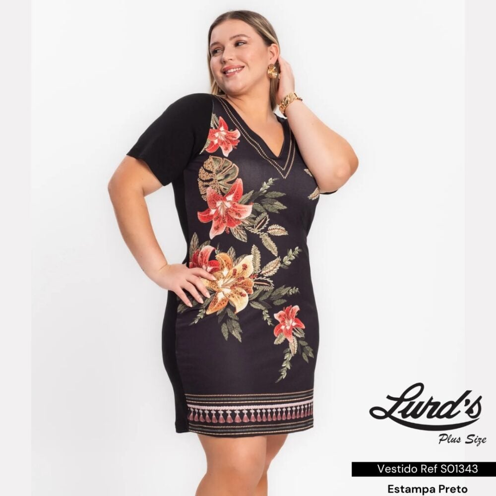 Vestido Plus Size Manga Curta Ref S01343 Estampa Preto  - 50