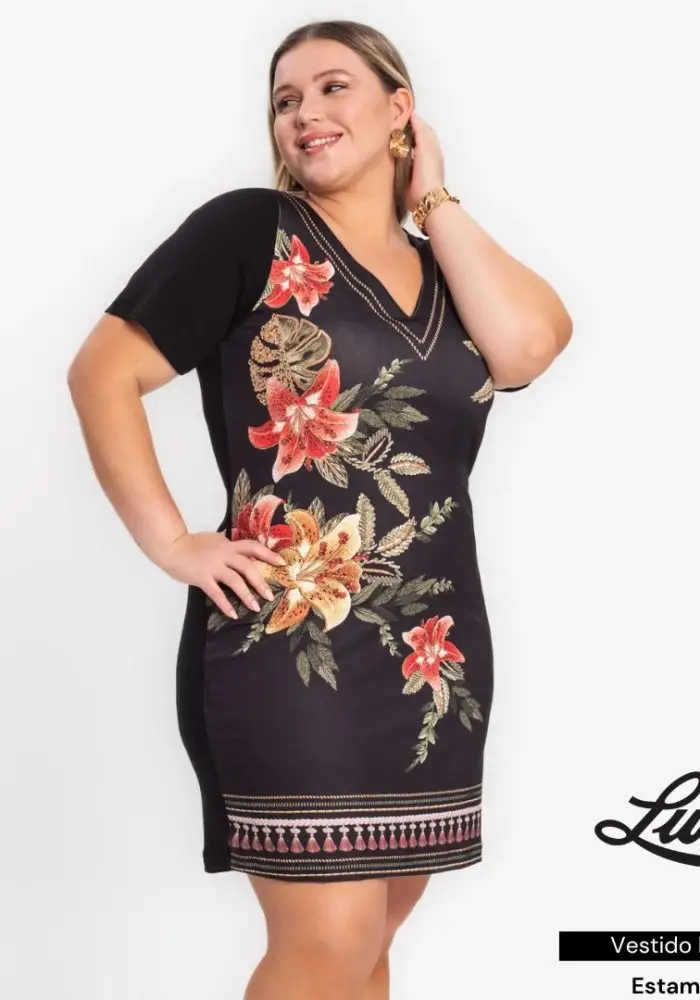 Vestido Plus Size Manga Curta Ref S01343 Estampa Preto  - 50