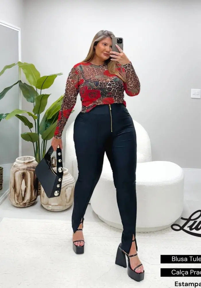 Blusa Tule Feminina Plus Size Marrie Ref 206922 Estampa Vermelho  - 52
