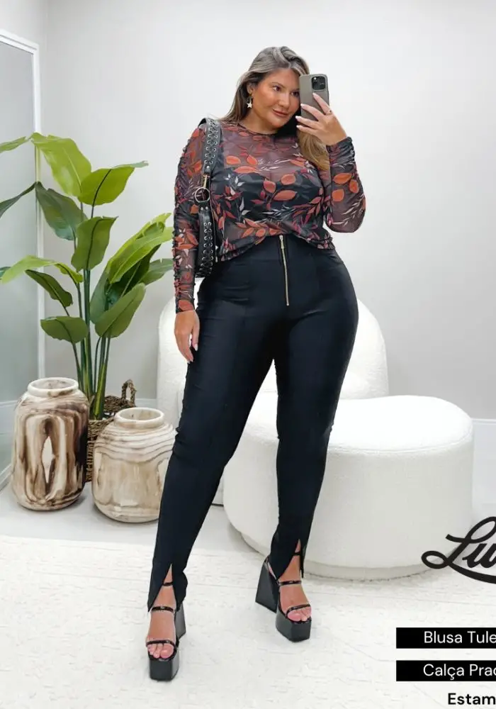 Blusa Tule Feminina Plus Size Marrie Ref 206922 Estampa Preto - 58