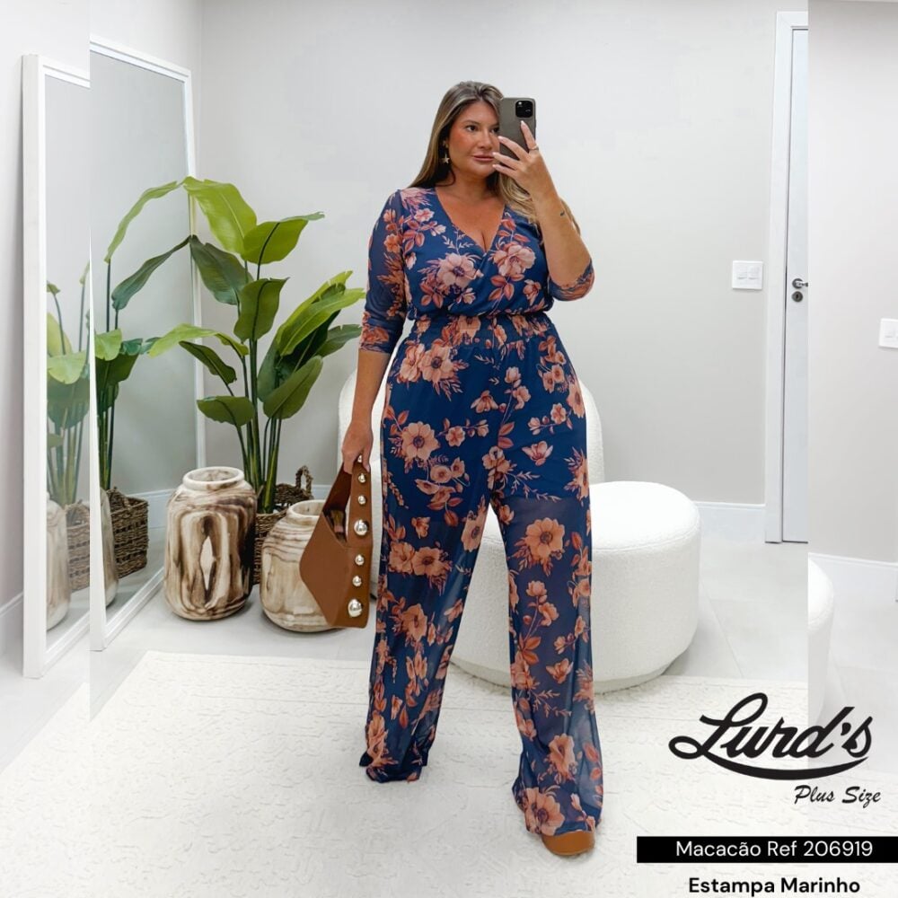 Macacão Feminino Plus Size Marrie Ref 206919 Estampa Marinho - 52