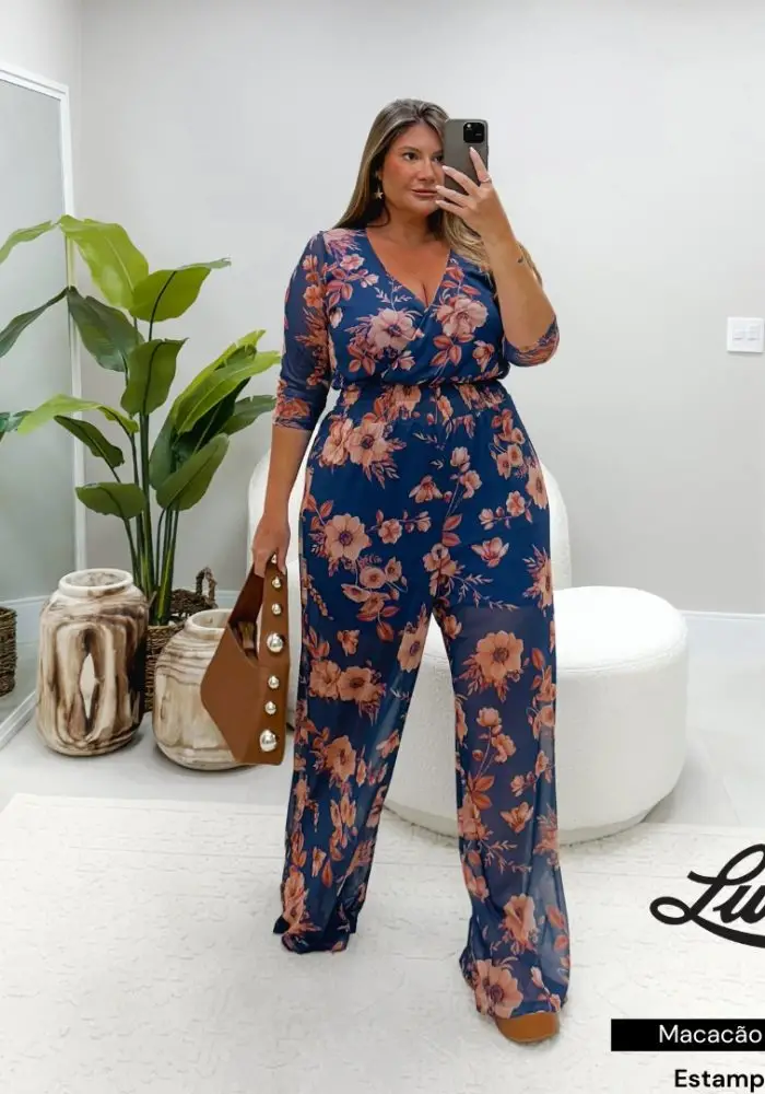 Macacão Feminino Plus Size Marrie Ref 206919 Estampa Marinho - 56
