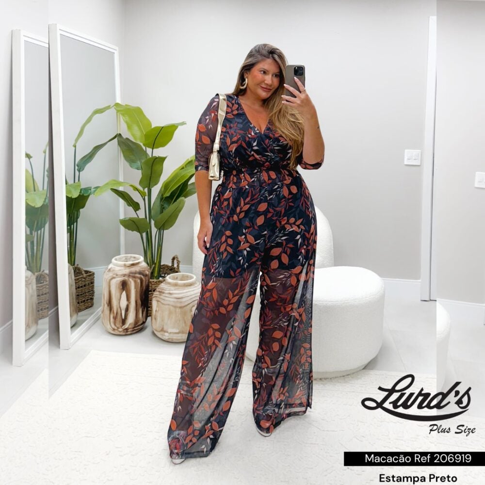 Macacão Feminino Plus Size Marrie Ref 206919 Estampa Preto - 58