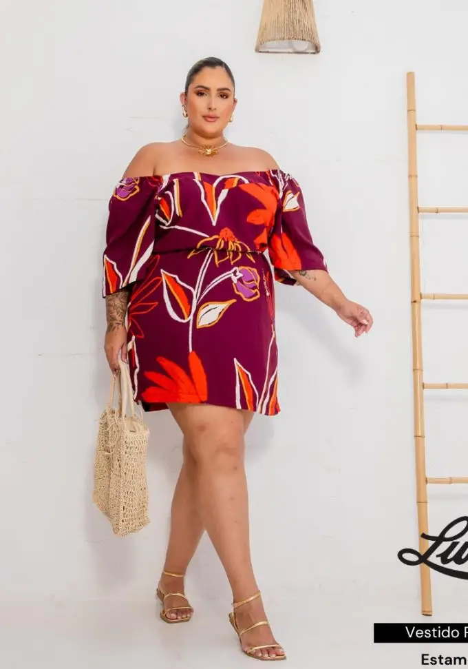 Vestido Plus Size Ref 900627 Estampa Vinho - 52