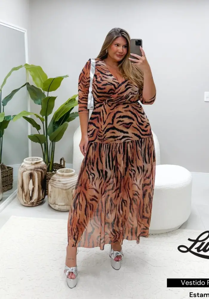 Vestido Mid Plus Size Marrie Ref 206920 Estampa Tigre
