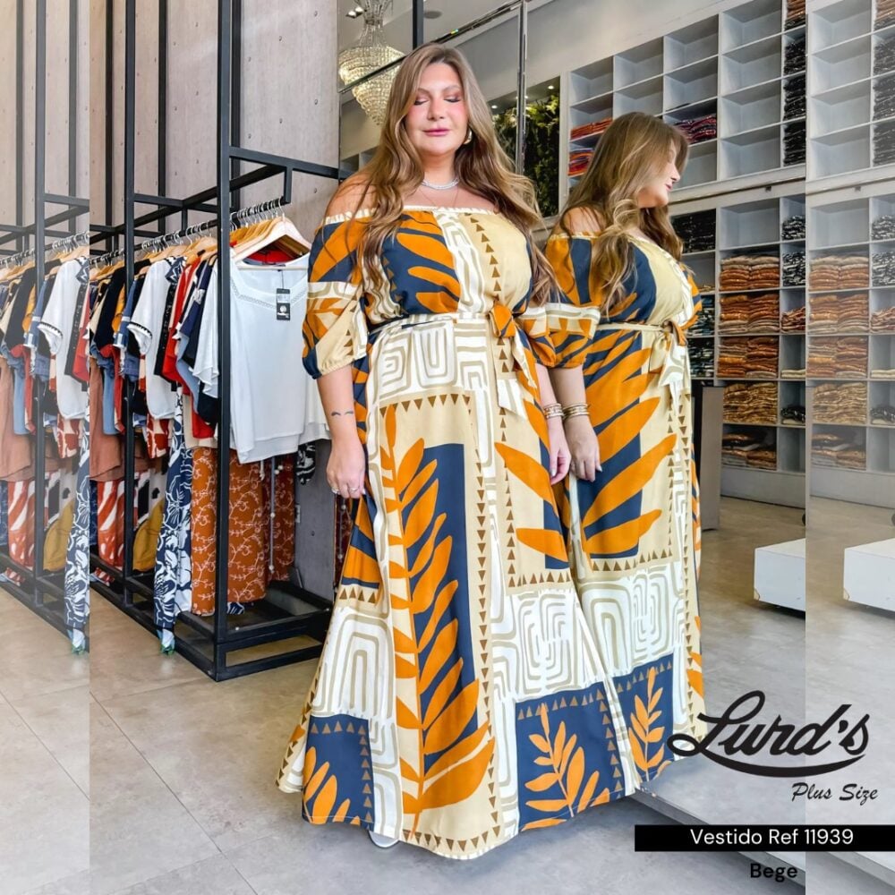 Vestido Longo Plus Size Ref 11939 Estampa Bege  - 48