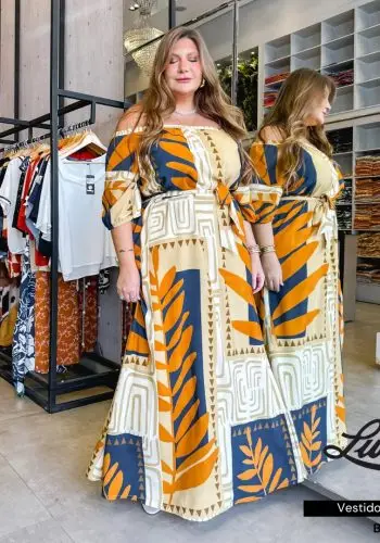 Vestido Longo Plus Size Ref 11939 Estampa Bege 