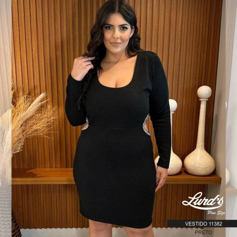 Vestido Plus Size Manga Longa 11382 Preto